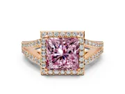 Halo Engagement Ring Setting for Fancy Pink Princess Cut Center with Pave Split Shank and Prong Head in Rose Gold