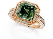 Halo Engagement Ring Setting for Fancy Green Asscher Cut Center with Framed Halo, Pave Band and Prong Head in Rose Gold