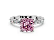 Solitaire Engagement Ring Setting for Fancy Pink Cushion Cut Center with Round Cut Pave Band and Prong Head in Sterling Silver