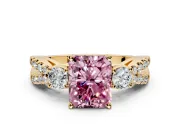 3 Stone Engagement Ring Setting for Fancy Pink Radiant Cut Center with Pave Split Shank and Prong Head in Yellow Gold