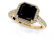 Halo Engagement Ring Setting for Fancy Black Asscher Cut Center with Narrowing Pave Band and Prong Head in Yellow Gold