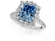 Halo Engagement Ring Setting for Fancy Blue Radiant Cut Center with Single-Row Pave, Open Basket and Prong Head in Platinum