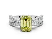 3 Stone Engagement Ring Setting for Fancy Yellow Emerald Cut Center with Pave Twist Band and Prong Head in White Gold