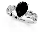 Leaf Engagement Ring Setting for Fancy Black Pear-Shaped Center with Milgrain Accent Band and Prong Head in White Gold