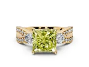 3 Stone Engagement Ring Setting for Fancy Yellow Princess Cut Center with Pave Twist Band and Prong Head in Yellow Gold