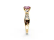 3 Stone Engagement Ring Setting for Fancy Pink Cushion Cut Center with Pave Split Shank and Prong Head in Yellow Gold