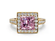 Bezel-Framed Halo Engagement Ring Setting for Fancy Pink Princess Cut Center with Pave Band and Prong Head in Yellow Gold
