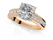 Solitaire Engagement Ring Setting for Cushion Cut Center with Princess Cut Channel Band and Prong Head in Rose Gold
