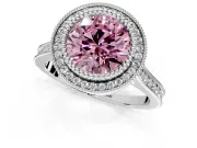 Halo Engagement Ring Setting for Fancy Pink Round Cut Center with Milgrain Frame, Pave Band and Prong Head in Sterling Silver