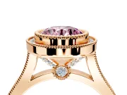 Halo Engagement Ring Setting for Fancy Pink Round Cut Center with Milgrain Frame, Pave Band and Prong Head in Rose Gold