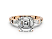 Bar-Set Engagement Ring Setting for Asscher Cut Center with Tapered Baguette Accents and Prong Head in Rose Gold