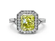 Halo Engagement Ring Setting for Fancy Yellow Radiant Cut Center with Milgrain Rim, Pave Band and Prong Head in Sterling Silver