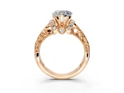 Solitaire Engagement Ring Setting for Heart-Shaped Center with Filigree Accent Basket and Prong Head in Rose Gold