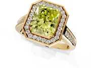 Halo Engagement Ring Setting for Fancy Yellow Radiant Cut Center with Outer Bezel Rim, Pave Band and Prong Head in Yellow Gold