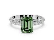 Solitaire Engagement Ring Setting for Fancy Green Emerald Cut Center with Domed Multi-Row Pave Band and Prong Head in Sterling Silver