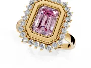 Halo Engagement Ring Setting for Fancy Pink Emerald Cut Center with Milgrain Bezel Rim, Plain Band and Prong Head in Yellow Gold