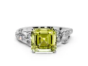 Leaf Motif Engagement Ring Setting for Fancy Yellow Asscher Cut Center with Pave Band and Prong Head in Platinum