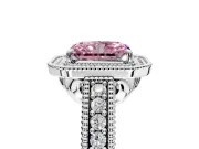 Milgrain Halo Engagement Ring Setting for Fancy Pink Radiant Cut Center with Pave Band and Prong Head in White Gold