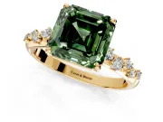 Cluster Engagement Ring Setting for Fancy Green Asscher Cut Center with Round Cut Accent Band and Prong Head in Yellow Gold