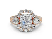 Halo Engagement Ring Setting for Radiant Cut Center with Two-Strand Split Shank and Prong Head in Rose Gold