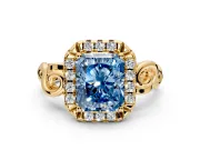 Halo Engagement Ring Setting for Fancy Blue Radiant Cut Center with Open Scroll Shoulders and Prong Head in Yellow Gold