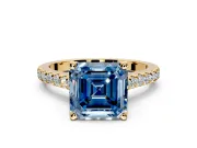 Solitaire Engagement Ring Setting for Fancy Blue Asscher Cut Center with Widening Pave Band and Claw Prong Head in Yellow Gold