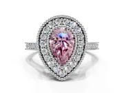 Halo Engagement Ring Setting for Fancy Pink Pear-Shaped Center with Milgrain Frame, Pave Band and Prong Head in White Gold