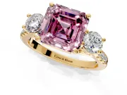 3 Stone Engagement Ring Setting for Fancy Pink Asscher Cut Center with Crossover Basket, Pave Band and Prong Head in Yellow Gold