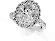 Milgrain Floral Halo Engagement Ring Setting for Oval Center with Pave Band and Prong Head in Platinum