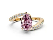 Solitaire Engagement Ring Setting for Fancy Pink Pear-Shaped Center with Pave Bypass Swirl Band and Prong Head in Yellow Gold