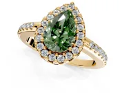 Pave Halo Engagement Ring Setting for Fancy Green Pear-Shaped Center with Single Row Pave Band and Prong Head in Yellow Gold