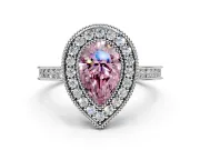 Halo Engagement Ring Setting for Fancy Pink Pear-Shaped Center with Milgrain Pave Band and Bezel Head in White Gold
