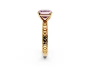 Solitaire Engagement Ring Setting for Fancy Pink Asscher Cut Center with XO Engraved Band and Prong Head in Yellow Gold