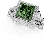 Halo Engagement Ring Setting for Fancy Green Princess Cut Center with Leaf Motif Split Shank and Prong Head in Sterling Silver