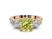 3 Stone Engagement Ring Setting for Fancy Yellow Cushion Cut Center with Crossover Basket, Pave Band and Prong Head in Rose Gold