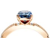 Solitaire Engagement Ring Setting for Fancy Blue Emerald Cut Center with Milgrain-Edged Pave Band and Prong Head in Rose Gold