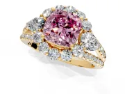 Halo Engagement Ring Setting for Fancy Pink Cushion Cut Center with Two-Strand Split Shank and Prong Head in Yellow Gold