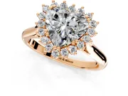 Starburst Halo Engagement Ring Setting for Heart-Shaped Center with Thin Round-Wire Band and Prong Head in Rose Gold