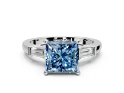 3 Stone Engagement Ring Setting for Fancy Blue Princess Cut Center with Channel Baguette Accents and Prong Head in Sterling Silver