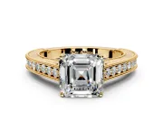 Solitaire Engagement Ring Setting for Asscher Cut Center with Engraved Pave Band and Prong Head in Yellow Gold