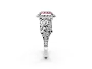 Milgrain Halo Engagement Ring Setting for Fancy Pink Radiant Cut Center with Shoulder Bezels and Prong Head in Platinum