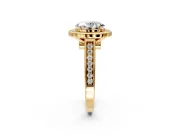 Halo Engagement Ring Setting for Oval Center with Outer Bezel Rim, Pave Band and Prong Head in Yellow Gold
