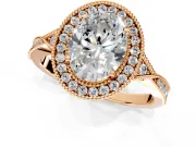 Halo Engagement Ring Setting for Oval Center with Milgrain Rim, Pave Band and Prong Head in Rose Gold