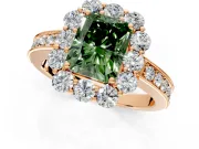 Halo Engagement Ring Setting for Fancy Green Radiant Cut Center with Milgrain Channel Band and Prong Head in Rose Gold