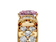 Pave Engagement Ring Setting for Fancy Pink Radiant Cut Center with Curved Accent Rows, Openwork and Prong Head in Yellow Gold