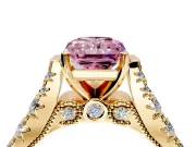 Solitaire Engagement Ring Setting for Fancy Pink Radiant Cut Center with Pave Cathedral Shoulders and Prong Head in Yellow Gold