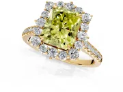 Halo Engagement Ring Setting for Fancy Yellow Radiant Cut Center with Single-Row Pave, Open Basket and Prong Head in Yellow Gold