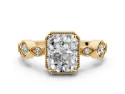 Vintage Station Engagement Ring Setting for Radiant Cut Center with Accents and Prong Head in Yellow Gold