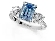 3 Stone Engagement Ring Setting for Fancy Blue Emerald Cut Center with Crossover Basket, Pave Band and Prong Head in White Gold