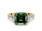 3 Stone Engagement Ring Setting for Fancy Green Asscher Cut Center with Round Cut Side Accents and Prong Head in Yellow Gold